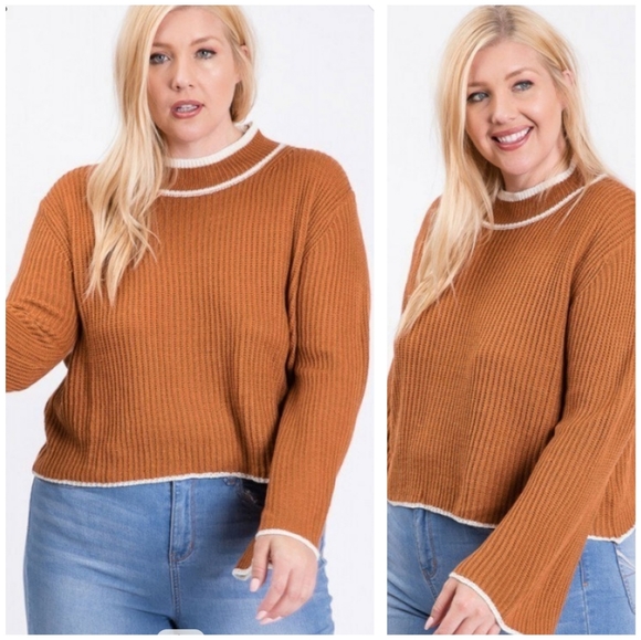 Camel Ribbed Mock Neck Plus Size crop sweater - Picture 3 of 9